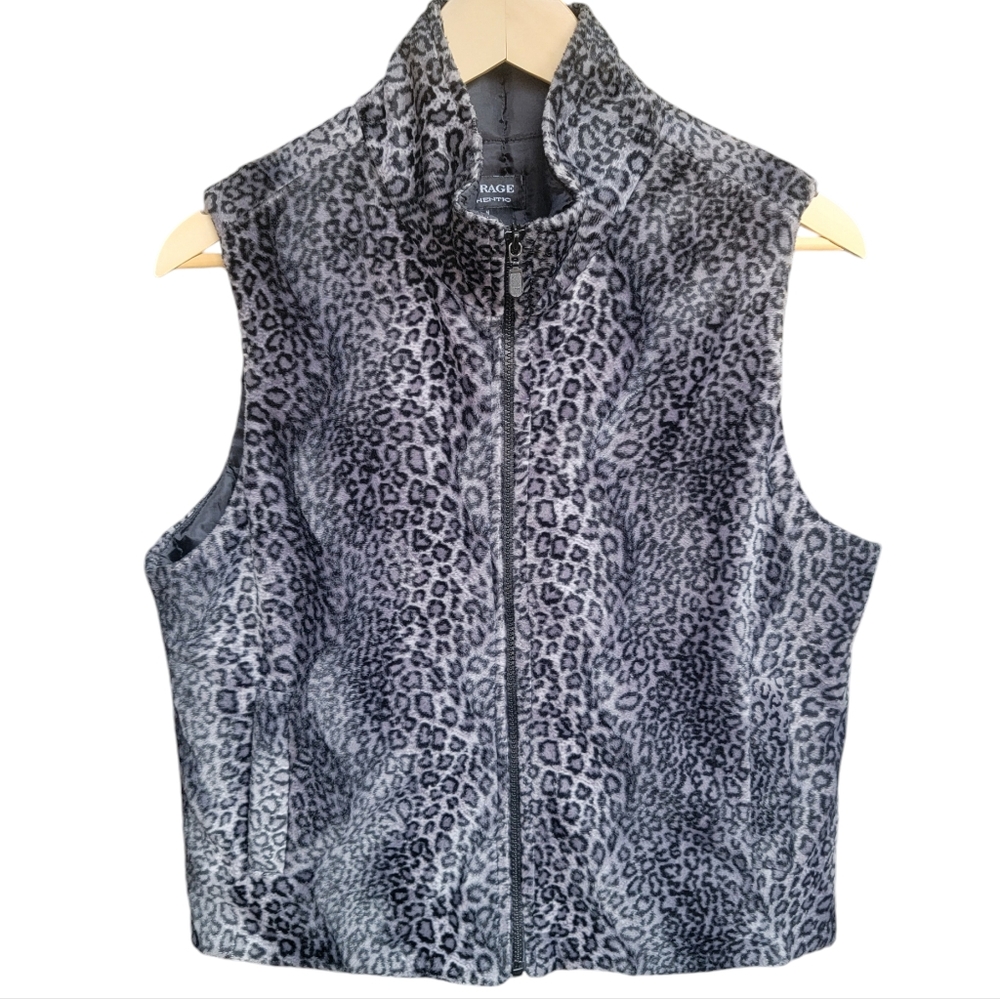 Barrage Faux Fur Animal Print Vest Sleeveless Black Grey Women’s Size M